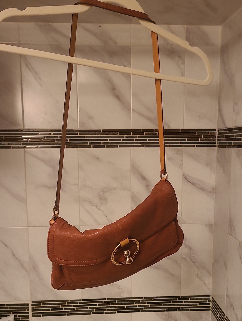 Milly Cognac Leather Shoulder Bag with Gold Ring Detail